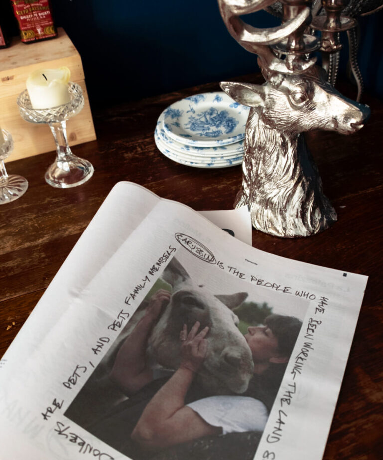A copy of the Passione Vino newspaper lays open on a wooden table next to a brass ornament of a stag